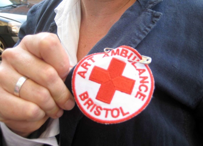 Art Ambulance Bristol in Cardiff, 2011, embroidered badge, 7.5cm diameter, cloth and thread