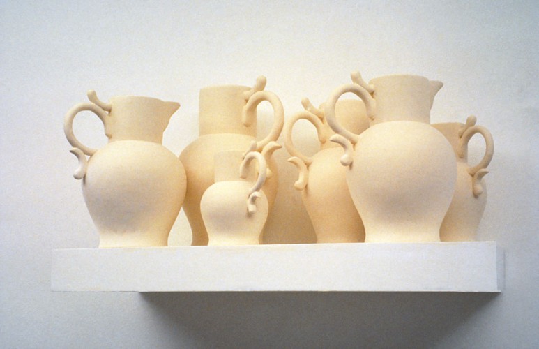 'Six Pitchers’, 1991, clay, wood, paint, 51 x 66 x 30.5cm, Private collection UK