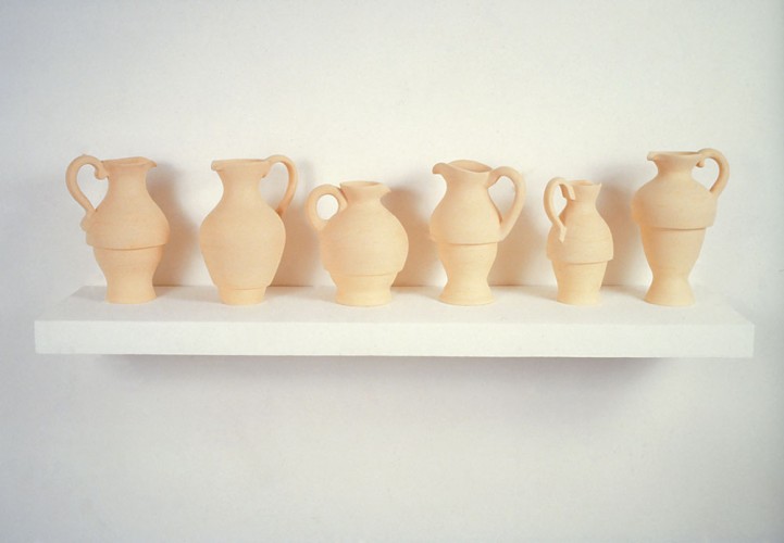 ‘Six Pitchers’, 1988-89, clay, wood, paint, 30.5 x 121.6 x 8cm, Private Collection, Germany