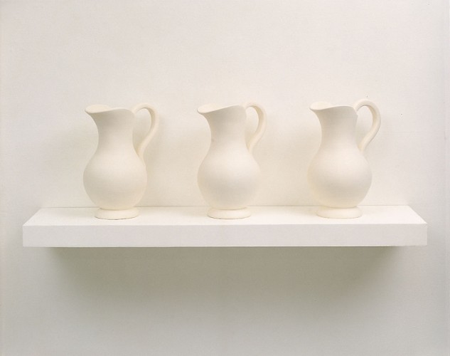 ‘Three Pitchers’, 1991, clay, wood, paint, 34 x 124.5 x 7cm