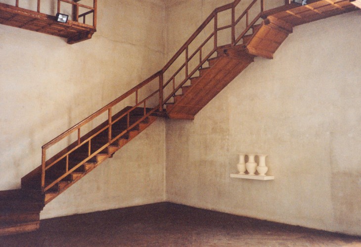 ‘Three Vases’, 1990, clay, wood, paint, 33 x 81.3 x 8cm