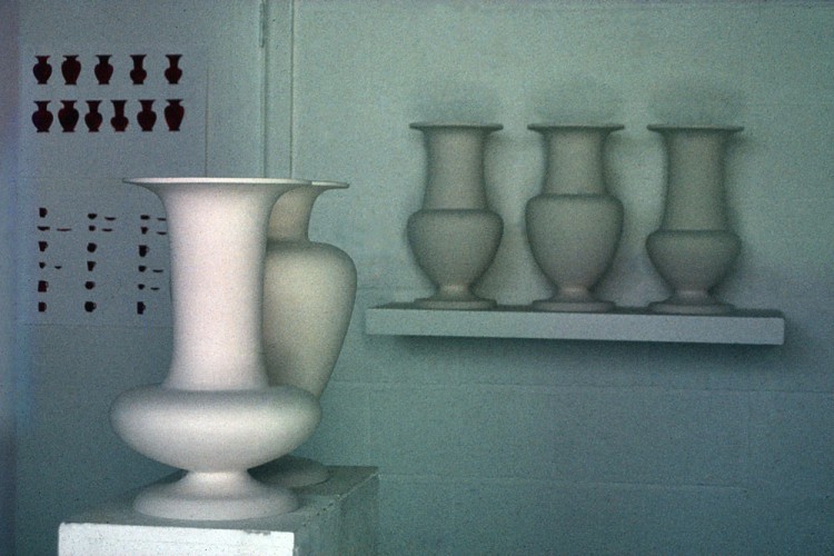 ‘Three Vases’ and ‘Two Vases’, 1990 and 1991, clay wood, paint, 31 x 92 x 8cm, 146 x 36 x 36cm, both Private collections UK