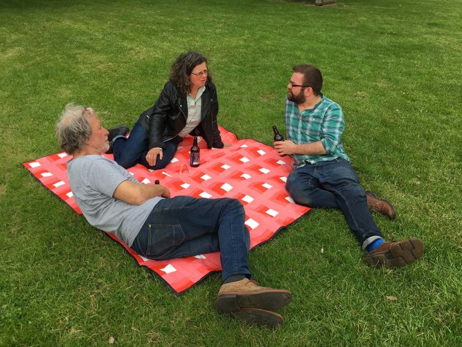 ‘Picnic Blankets’ Acrylic on canvas, fabric, thread Oriel Davies Gallery 2019