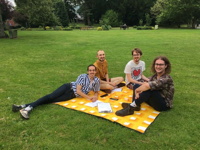 ‘Picnic Blankets’ Acrylic on canvas, fabric, thread Oriel Davies Gallery 2019