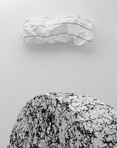 ‘Cloud II’, and disc from ‘Eight forms’ Acrylic on Fabriano Paper H34cm x W135cm x D34cm Photo: Dewi Tennat Lloyd