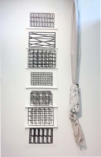 ‘Wall Drawing with Weights’ Detail ‘Seven Drawings’ 2016-2019 Fabriano paper, charcoal, thread H210cm x W48cm x D5cm Photo: Dewi Tennat Lloyd